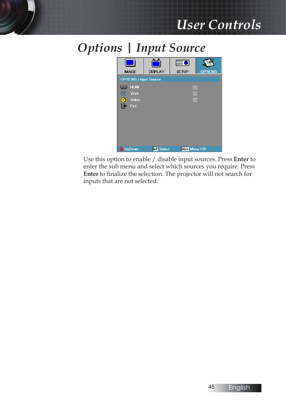 User controls, Options | input source | Optoma X304M User Manual | Page 45 / 63
