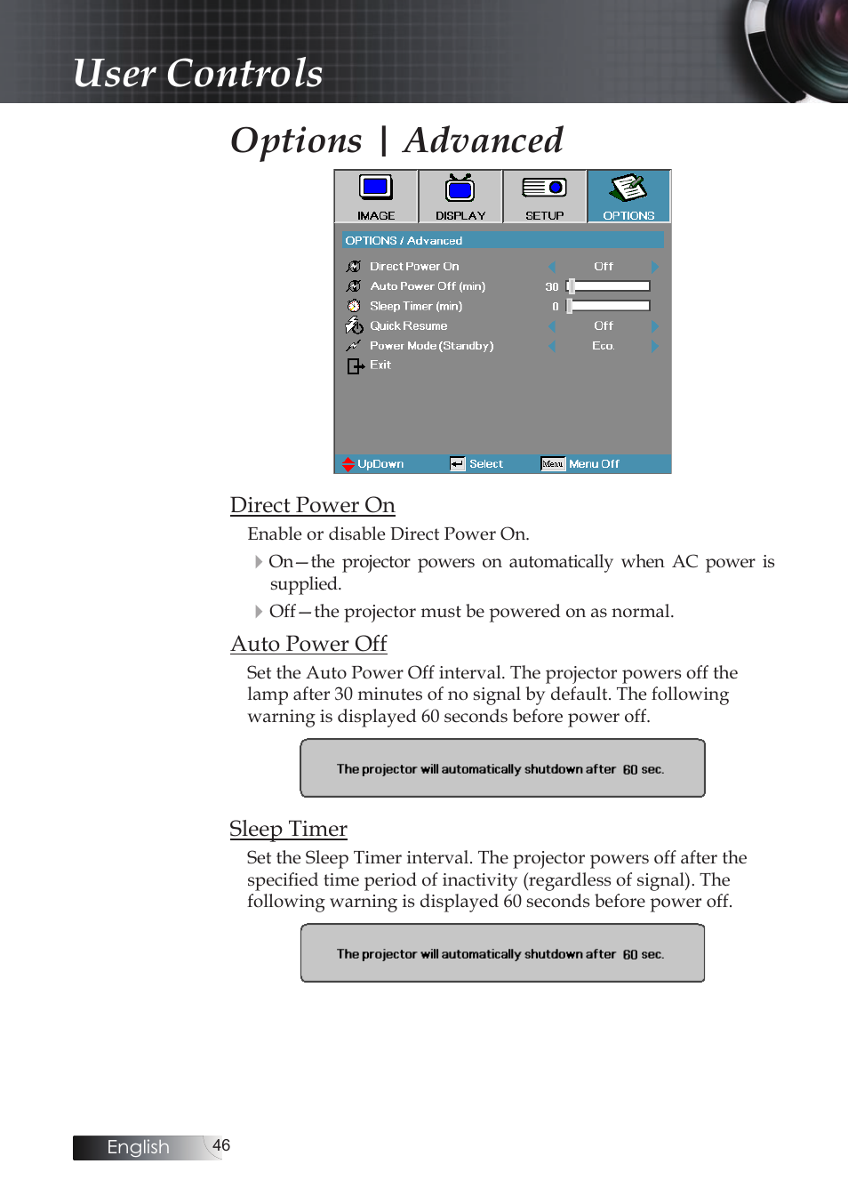 User controls, Options | advanced | Optoma X304M User Manual | Page 46 / 63