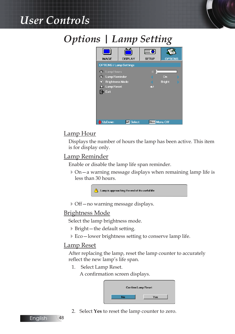 User controls, Options | lamp setting | Optoma X304M User Manual | Page 48 / 63