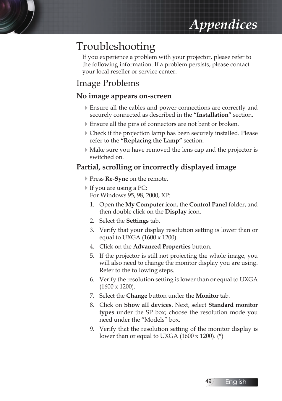 Appendices, Troubleshooting, Image problems | Optoma X304M User Manual | Page 49 / 63