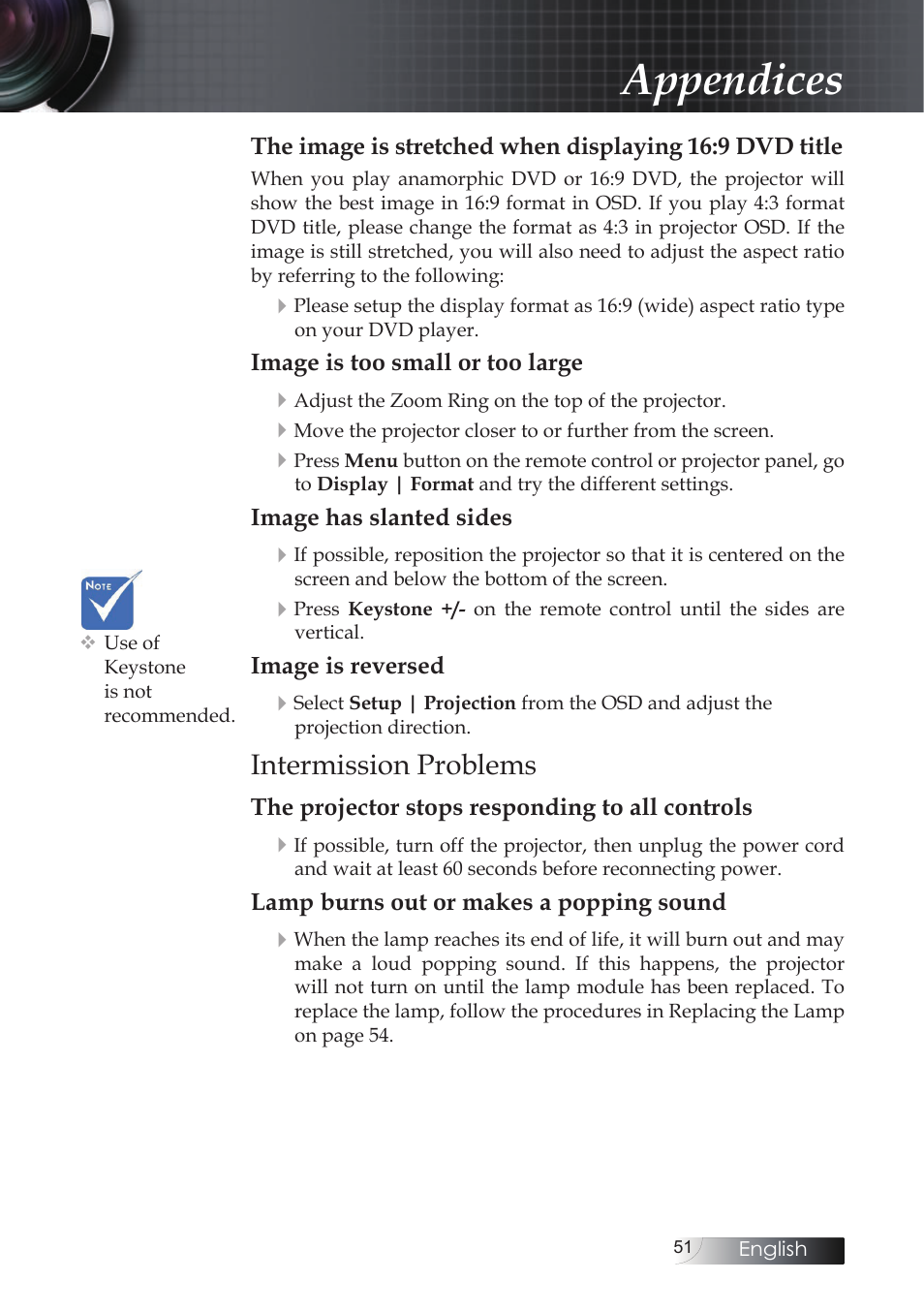 Intermission problems, Appendices | Optoma X304M User Manual | Page 51 / 63