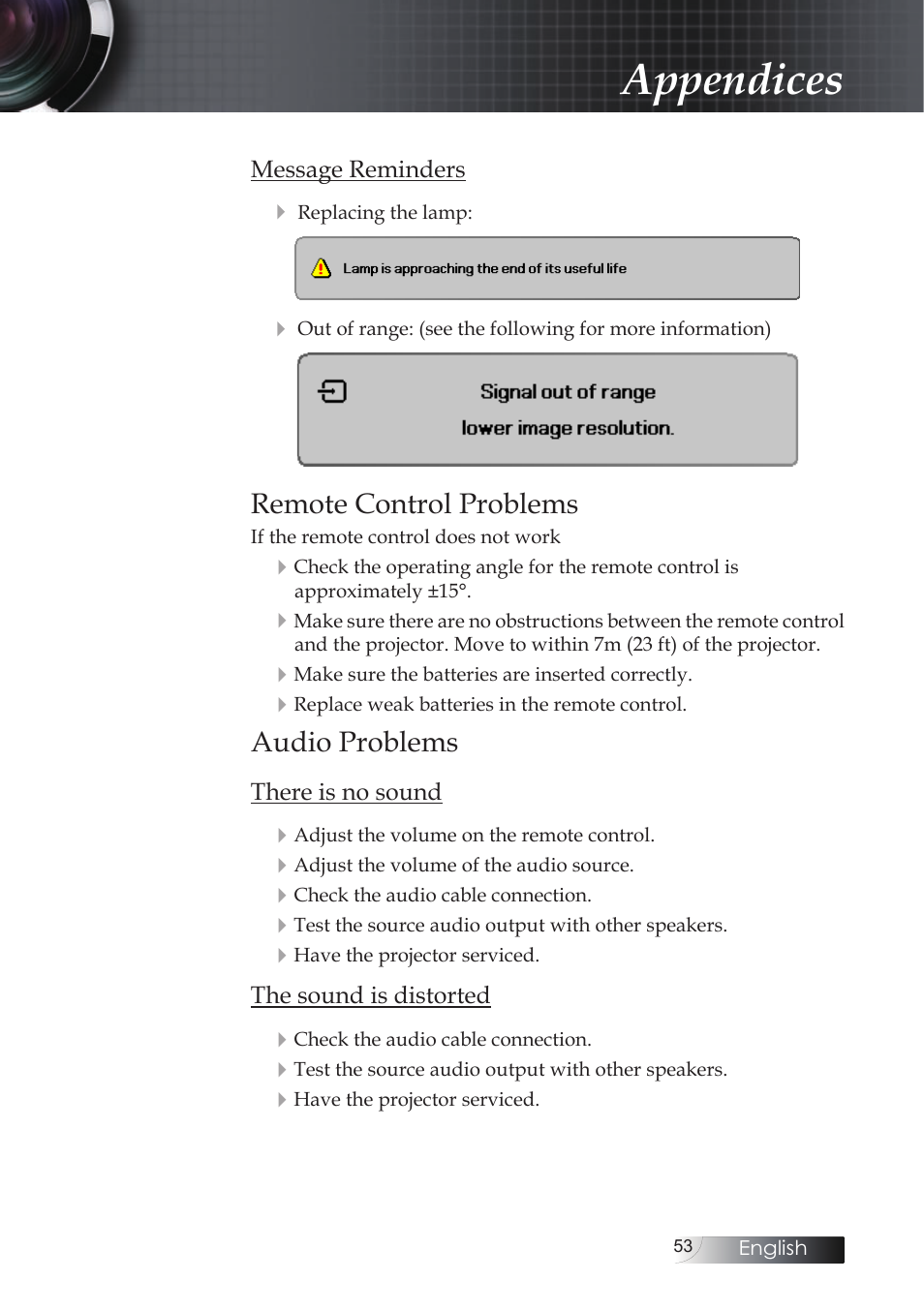 Remote control problems, Audio problems, Appendices | Optoma X304M User Manual | Page 53 / 63