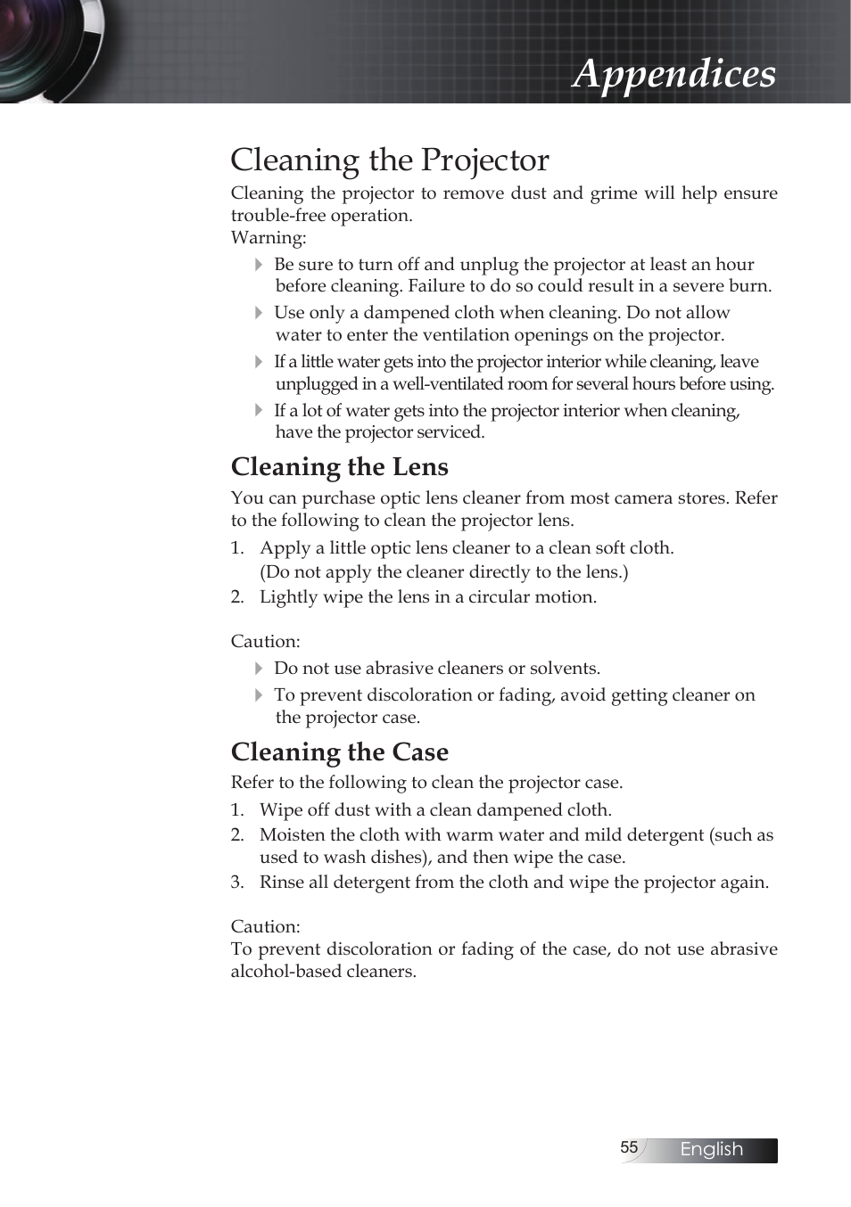 Cleaning the projector, Appendices, Cleaning the lens | Cleaning the case | Optoma X304M User Manual | Page 55 / 63