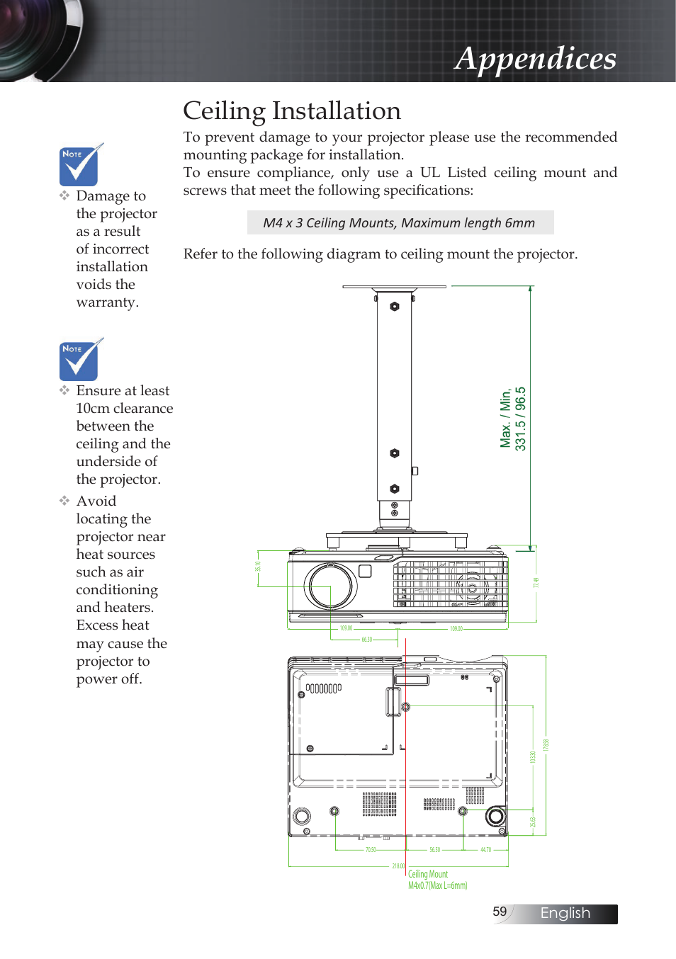 Ceiling installation, Appendices | Optoma X304M User Manual | Page 59 / 63