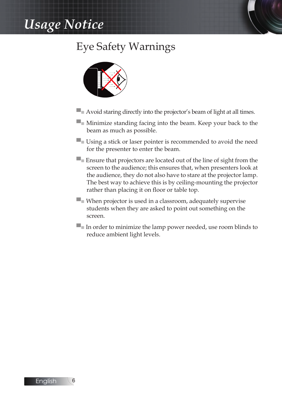 Eye safety warnings, Usage notice | Optoma X304M User Manual | Page 6 / 63