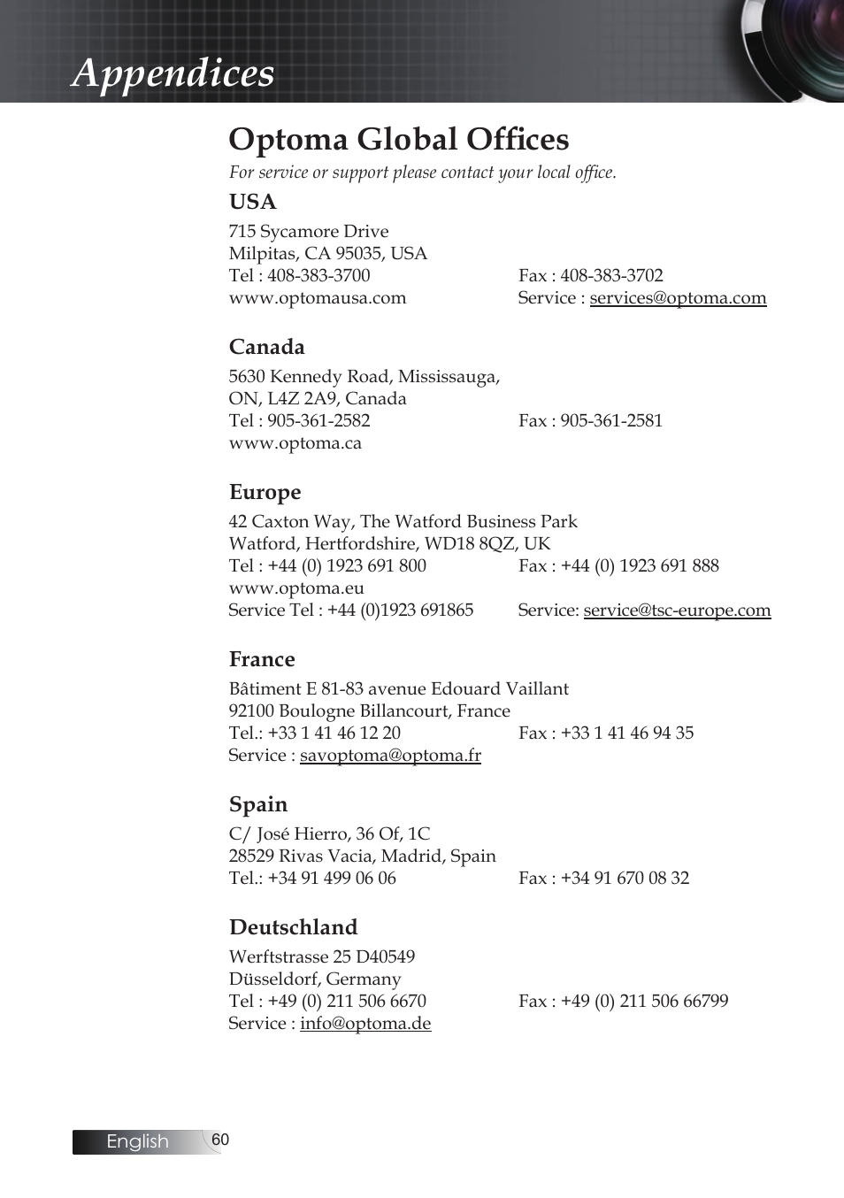 Optoma global offices, Appendices | Optoma X304M User Manual | Page 60 / 63