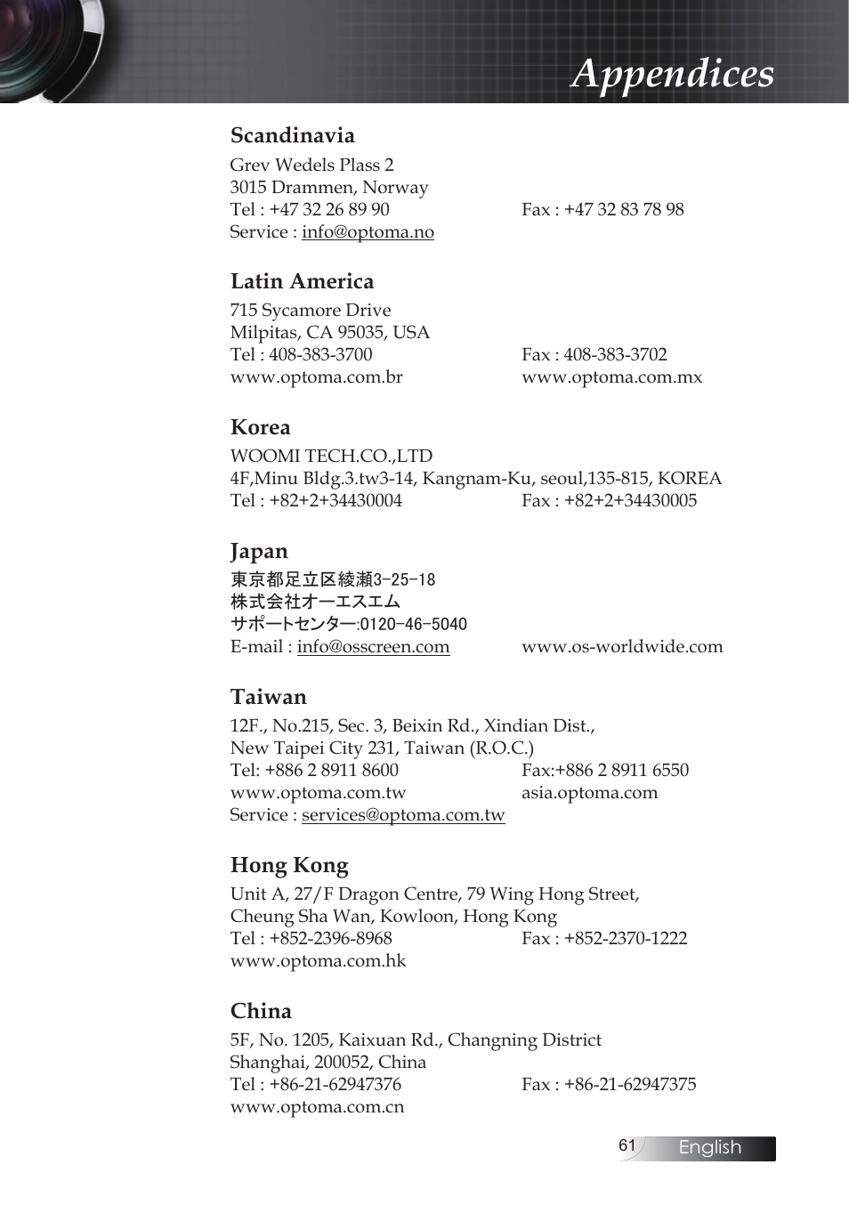 Appendices | Optoma X304M User Manual | Page 61 / 63