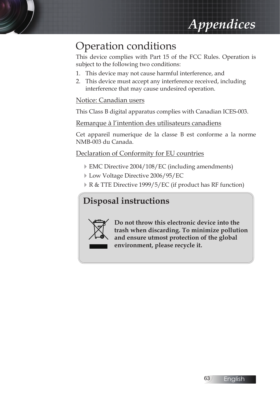 Operation conditions, Appendices, Disposal instructions | Optoma X304M User Manual | Page 63 / 63