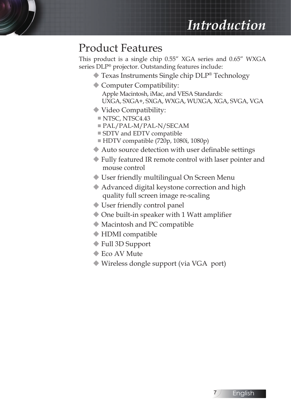 Product features, Introduction | Optoma X304M User Manual | Page 7 / 63