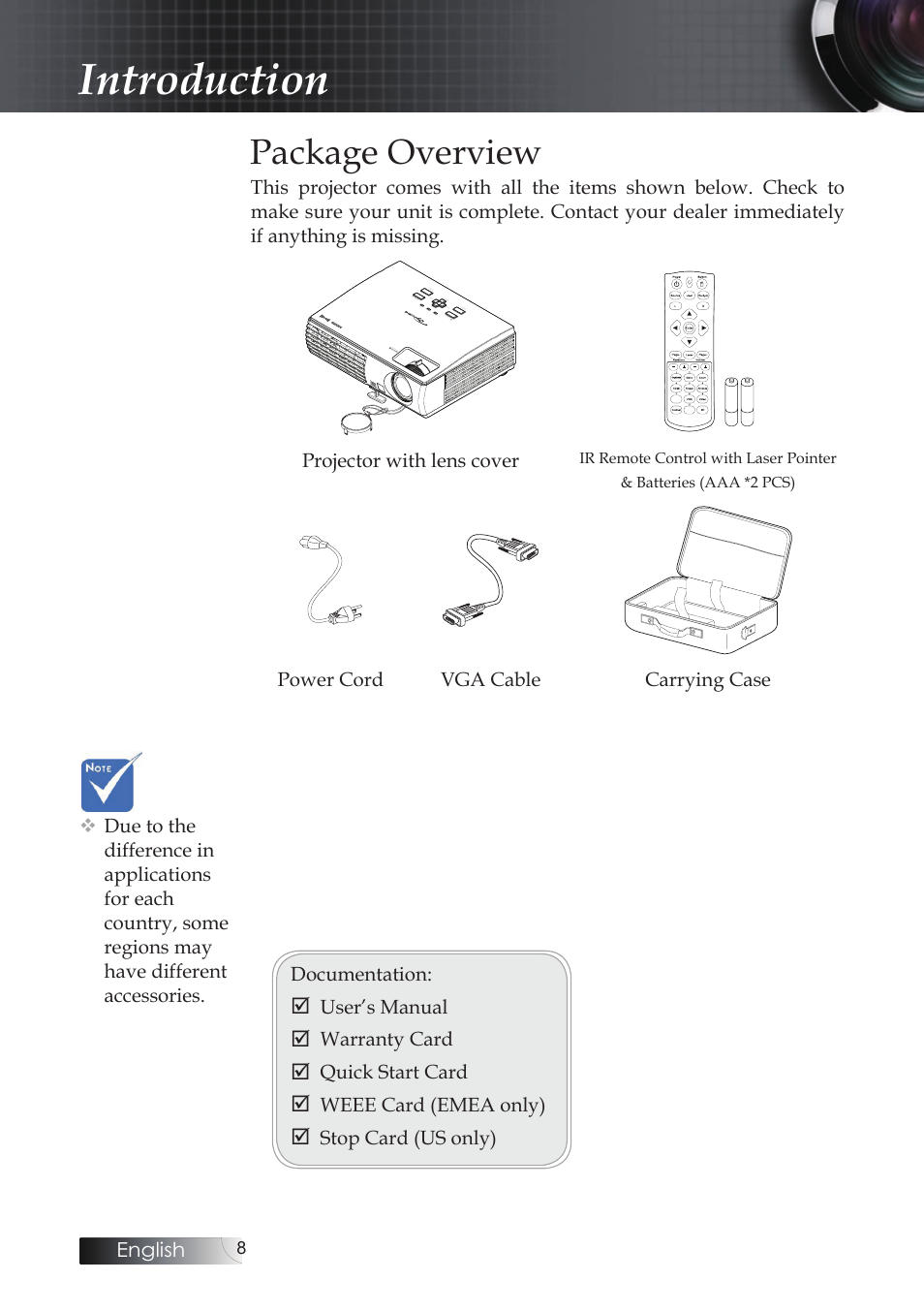 Package overview, Introduction | Optoma X304M User Manual | Page 8 / 63