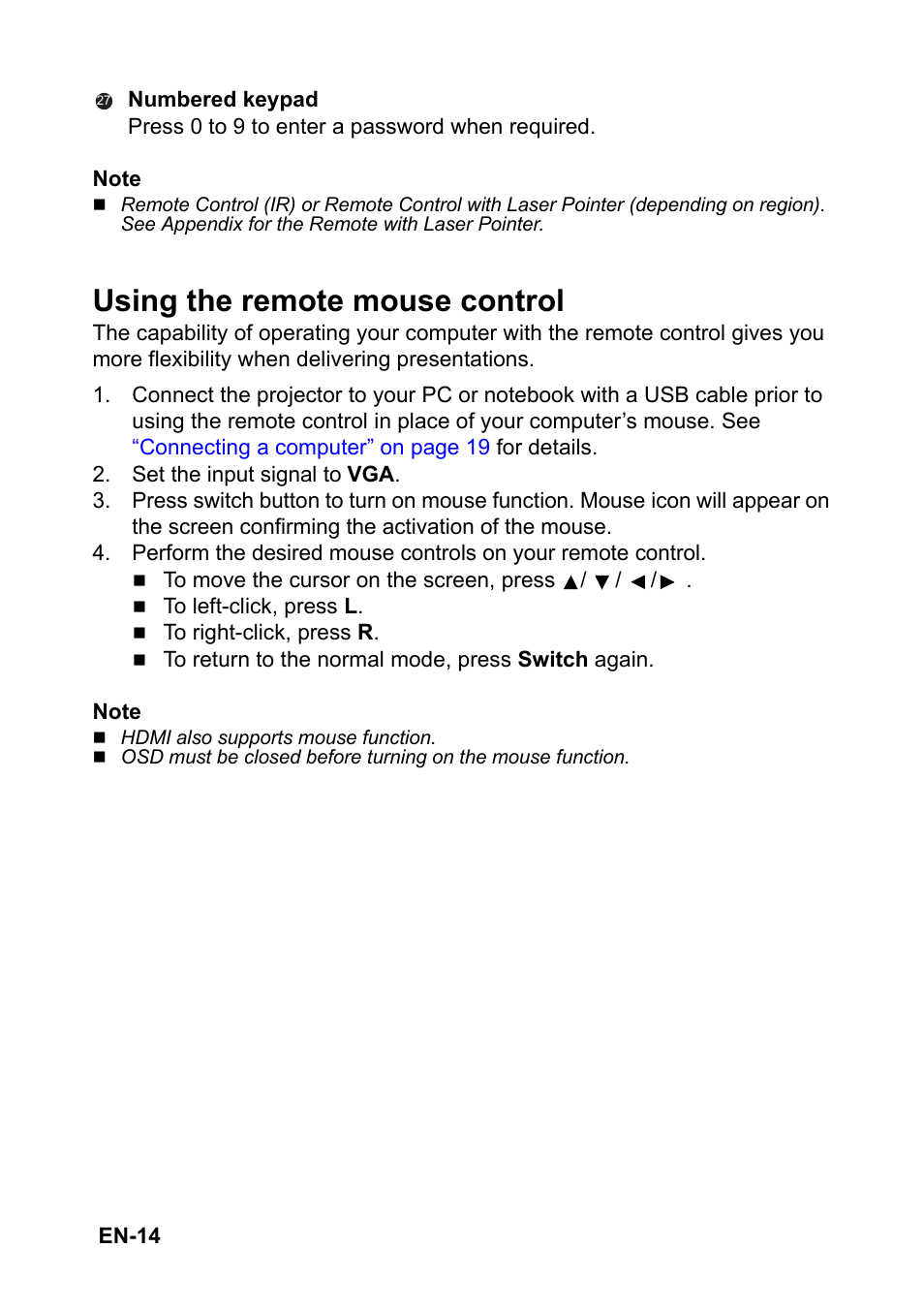 Using the remote mouse control | Optoma S310 User Manual | Page 14 / 70