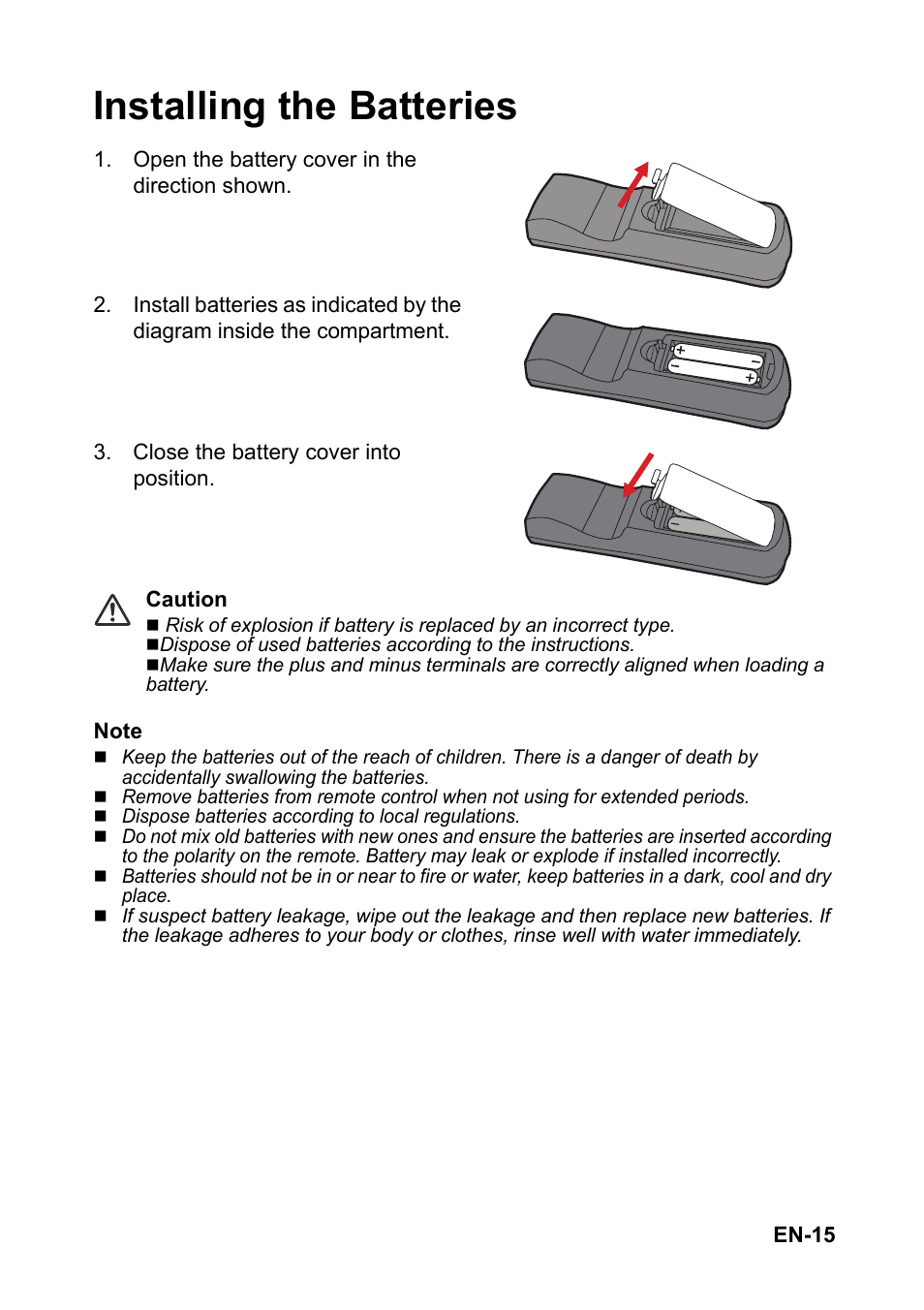 Installing the batteries | Optoma S310 User Manual | Page 15 / 70