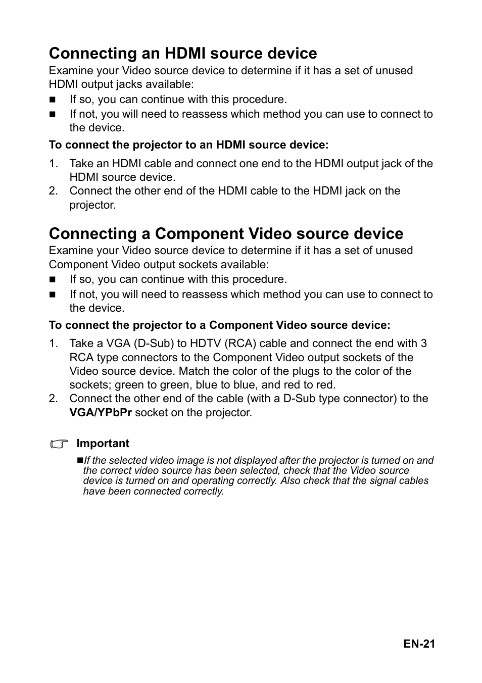 Connecting a, Component video, Source device” on | Connecting an hdmi source device, Connecting a component video source device | Optoma S310 User Manual | Page 21 / 70