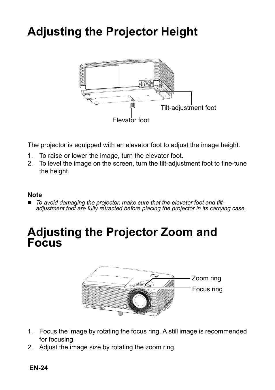 Adjusting the projector height, Adjusting the projector zoom and focus | Optoma S310 User Manual | Page 24 / 70