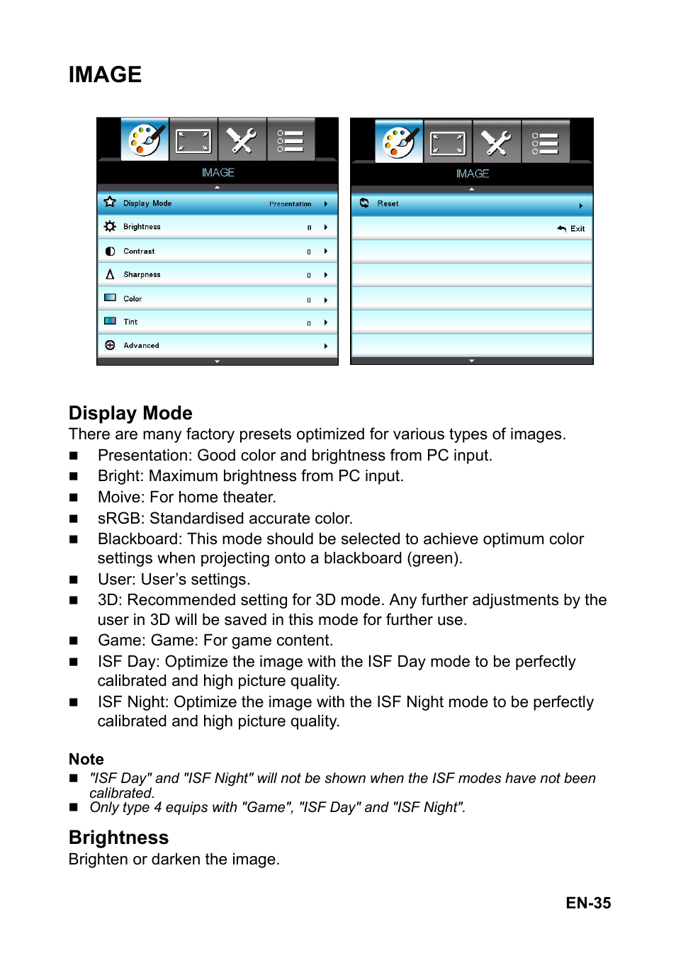 Image, Display mode, Brightness | Optoma S310 User Manual | Page 35 / 70