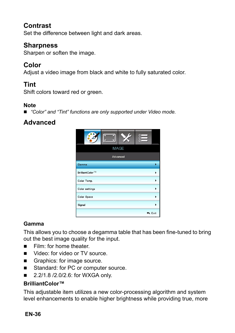 Contrast, Sharpness, Color | Tint, Advanced | Optoma S310 User Manual | Page 36 / 70
