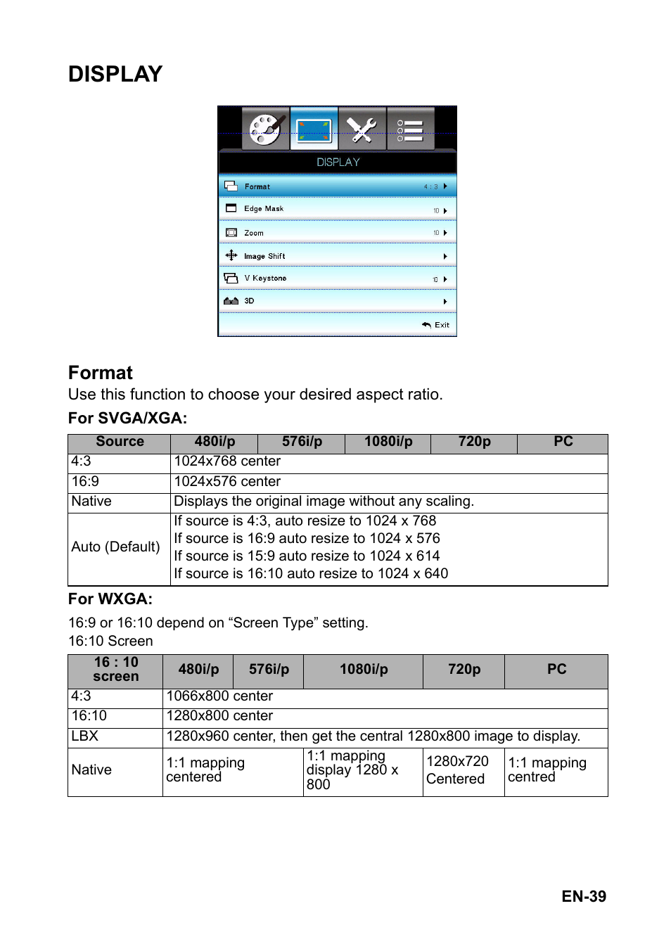 Display, Format | Optoma S310 User Manual | Page 39 / 70