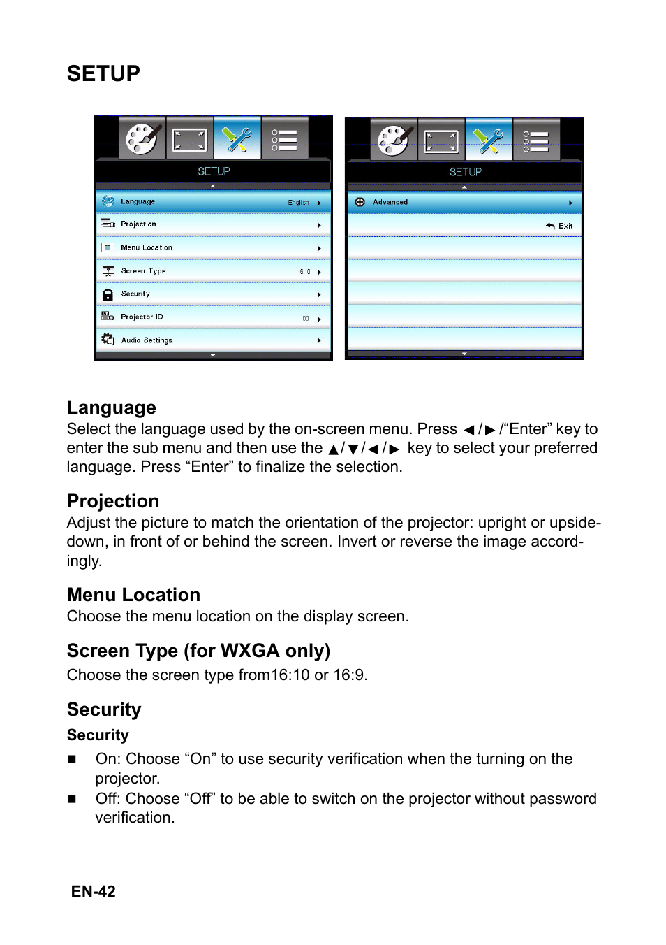 Setup | Optoma S310 User Manual | Page 42 / 70