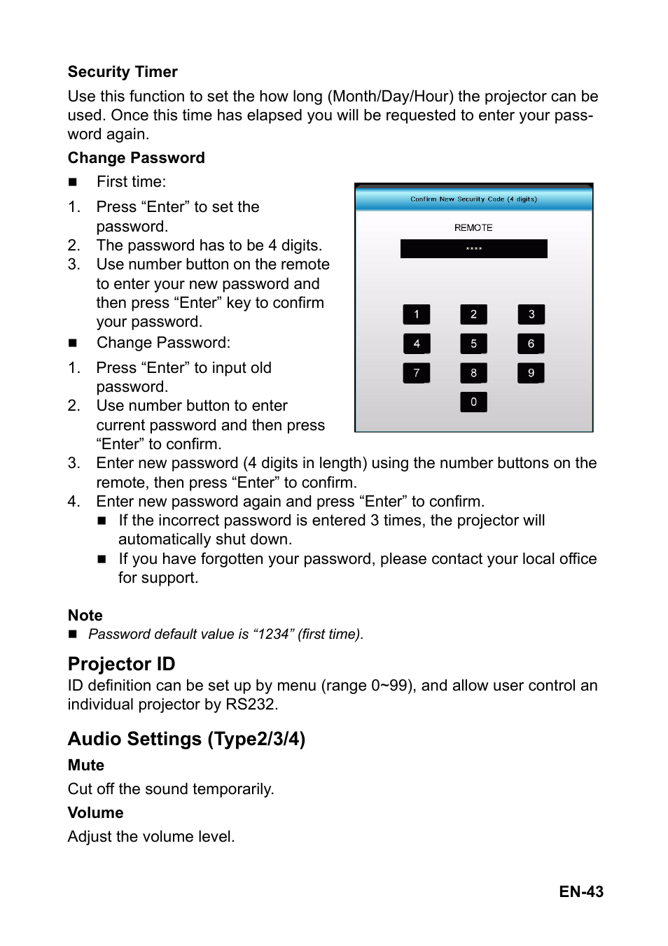 Projector id, Audio settings (type2/3/4) | Optoma S310 User Manual | Page 43 / 70