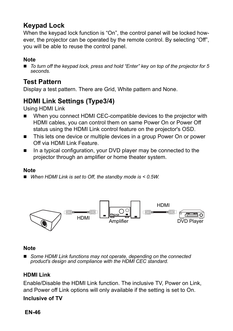 Keypad lock, Test pattern, Hdmi link settings (type3/4) | Optoma S310 User Manual | Page 46 / 70