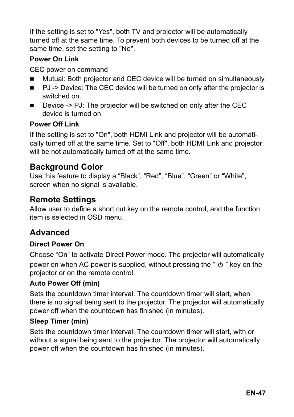 Background color, Remote settings, Advanced | Optoma S310 User Manual | Page 47 / 70