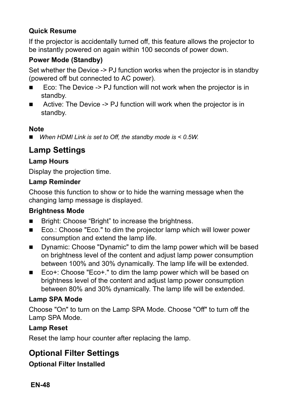 Lamp settings, Optional filter settings | Optoma S310 User Manual | Page 48 / 70