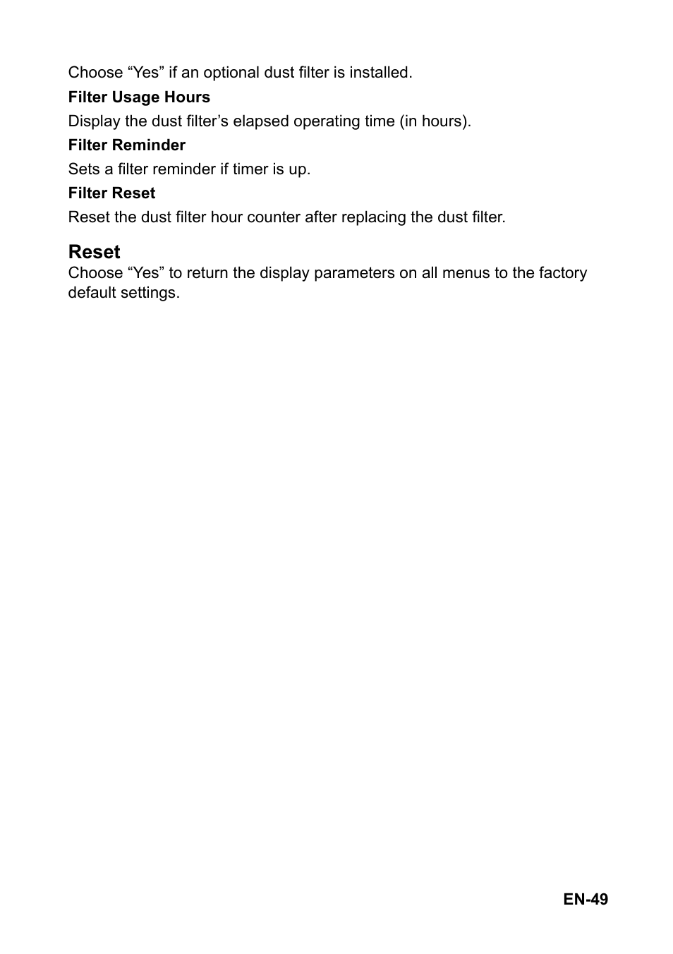 Reset | Optoma S310 User Manual | Page 49 / 70