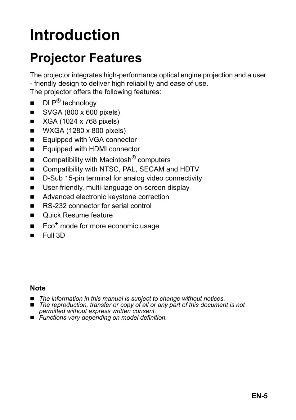 Introduction, Projector features | Optoma S310 User Manual | Page 5 / 70