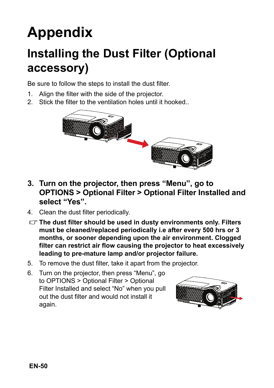 Appendix, Installing the dust filter (optional accessory) | Optoma S310 User Manual | Page 50 / 70