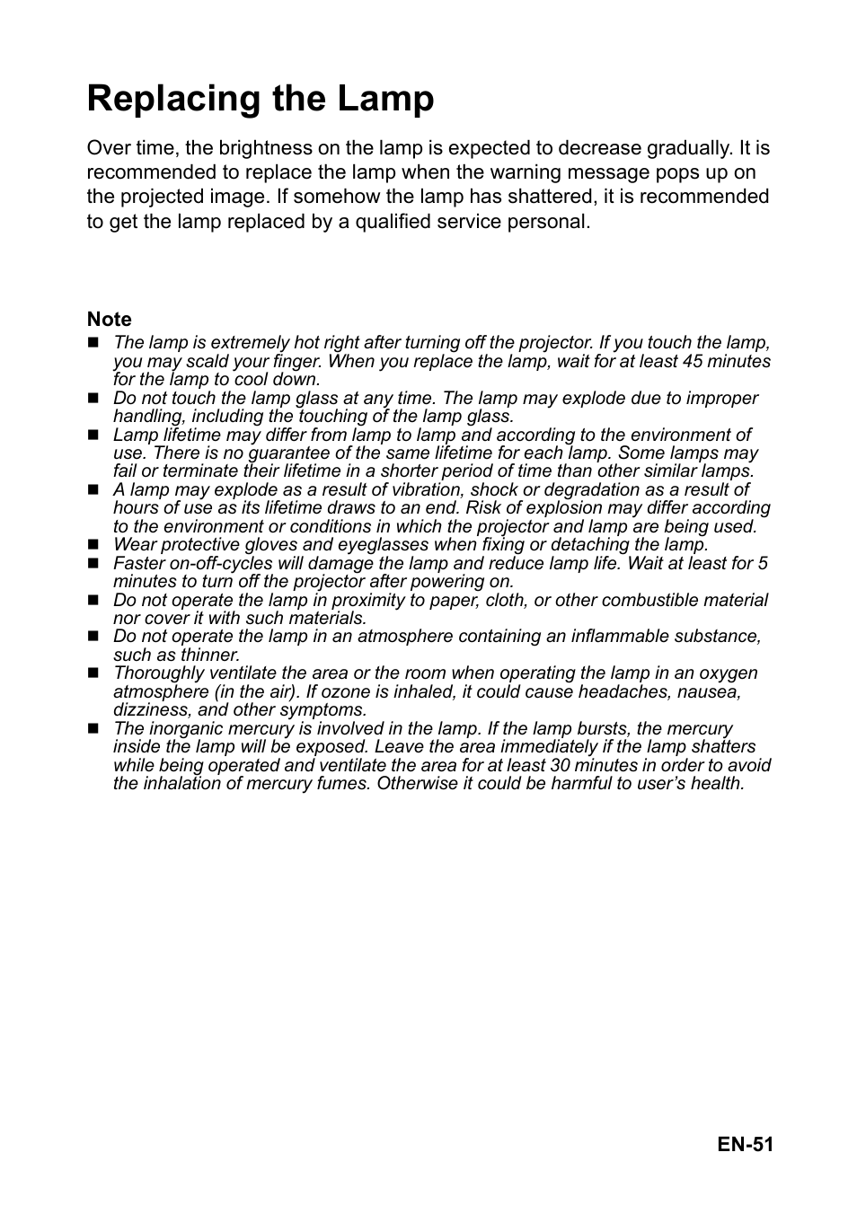 Replacing the lamp | Optoma S310 User Manual | Page 51 / 70