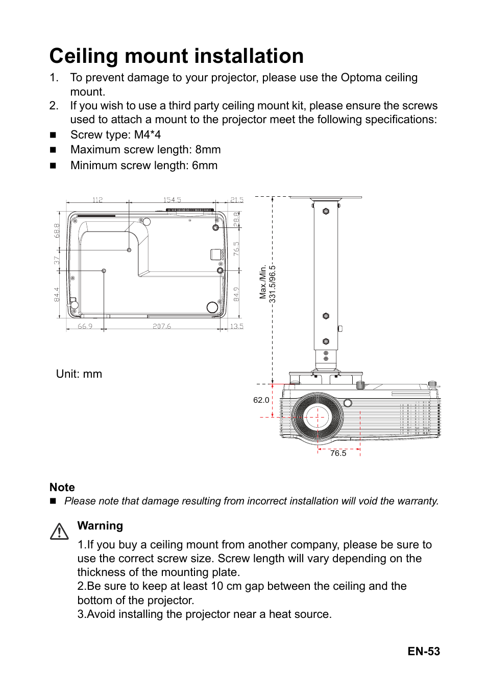 Ceiling mount installation | Optoma S310 User Manual | Page 53 / 70