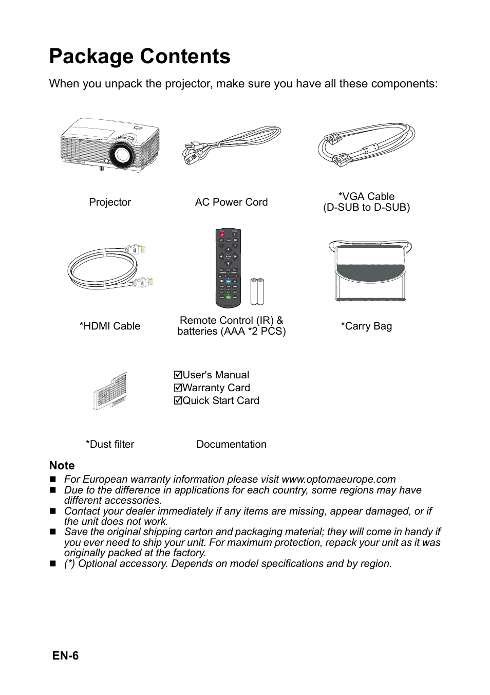 Package contents | Optoma S310 User Manual | Page 6 / 70
