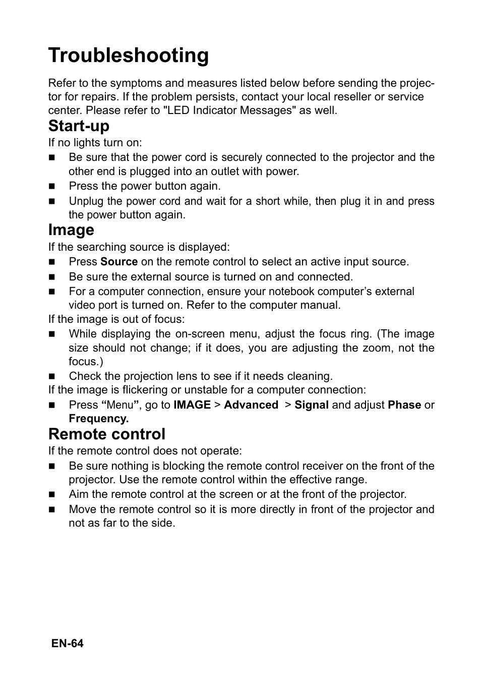 Troubleshooting, Start-up, Image | Remote control | Optoma S310 User Manual | Page 64 / 70