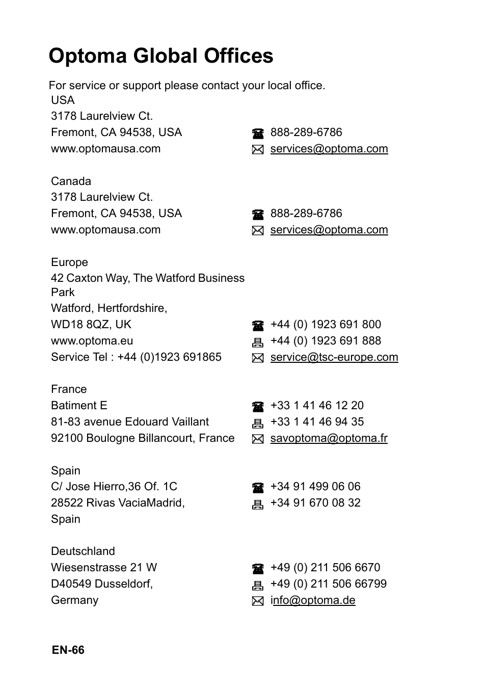Optoma global offices | Optoma S310 User Manual | Page 66 / 70