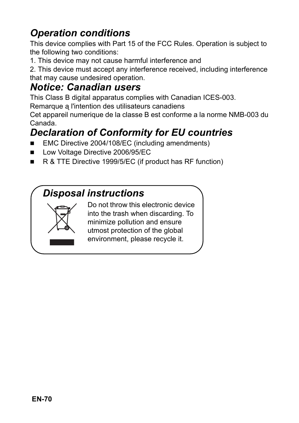 Operation conditions, Notice: canadian users, Declaration of conformity for eu countries | Disposal instructions | Optoma S310 User Manual | Page 70 / 70