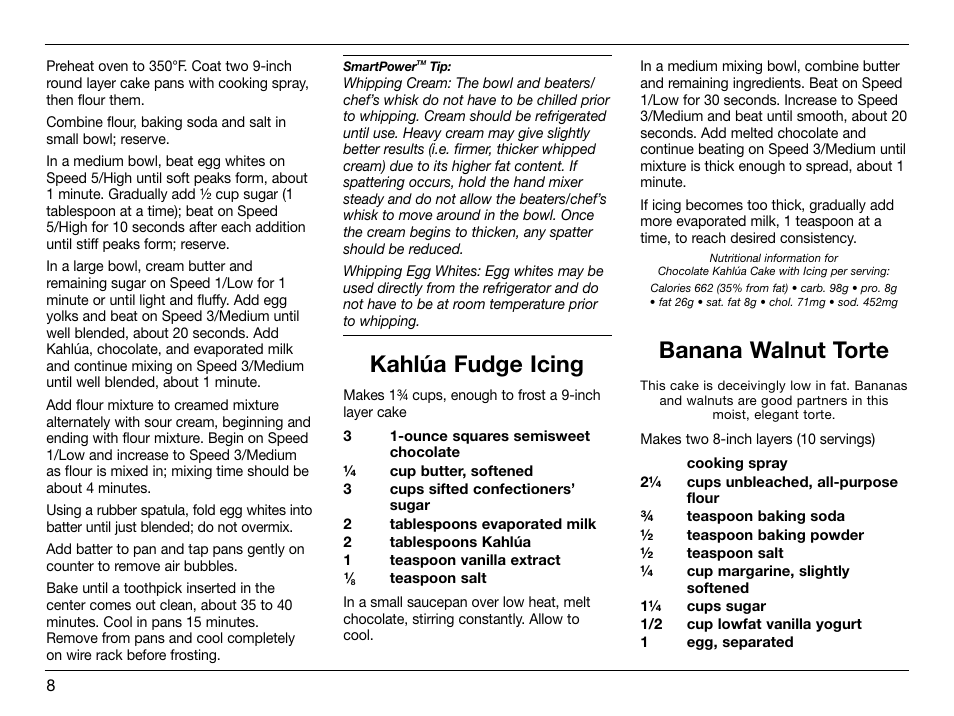 Kahlúa fudge icing, Banana walnut torte | Cuisinart SmartPower HTM-5CH User Manual | Page 8 / 21