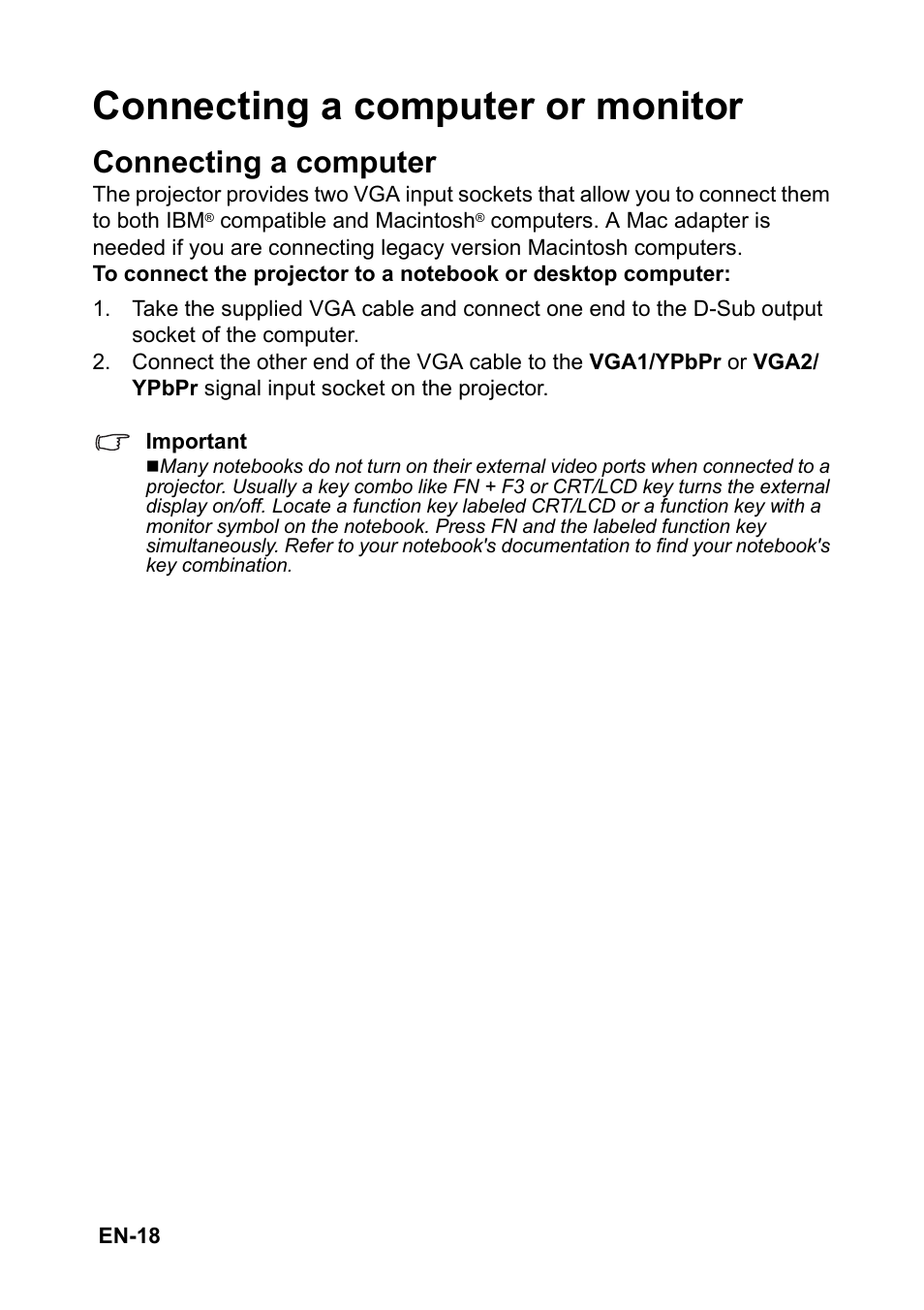 Connecting a computer or monitor, Connecting a computer | Optoma S313 User Manual | Page 18 / 67