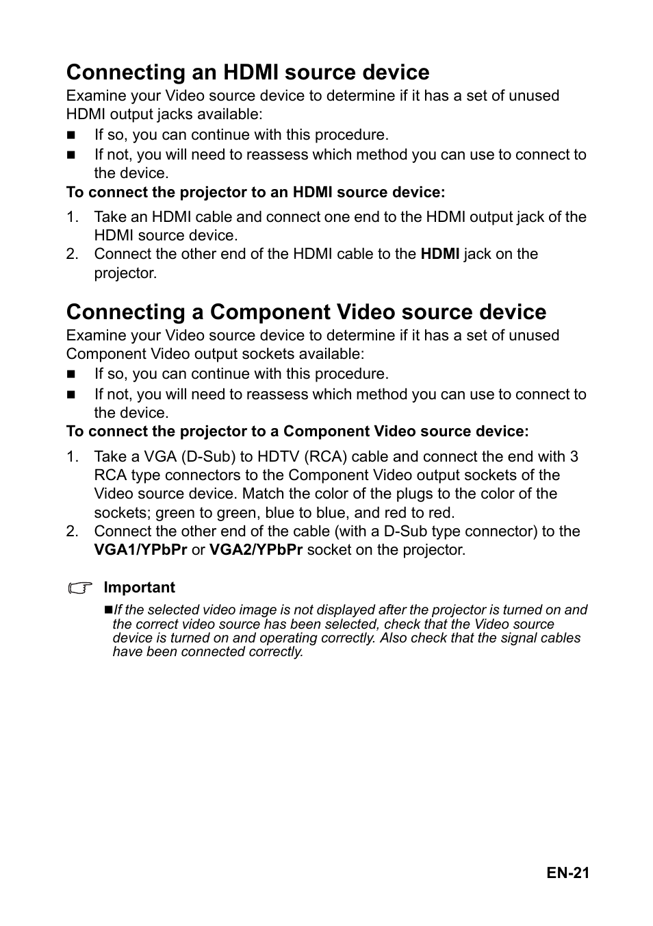 Connecting a, Component video, Source device” on | Connecting an hdmi source device, Connecting a component video source device | Optoma S313 User Manual | Page 21 / 67