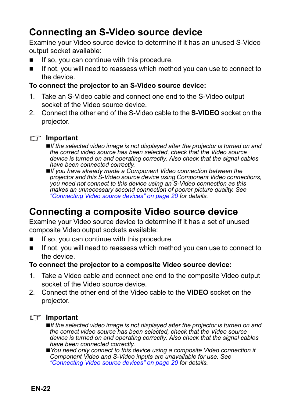 Connecting an, S-video source, Device” on | Connecting a, Composite video, Source device” on, Connecting an s-video source device, Connecting a composite video source device | Optoma S313 User Manual | Page 22 / 67