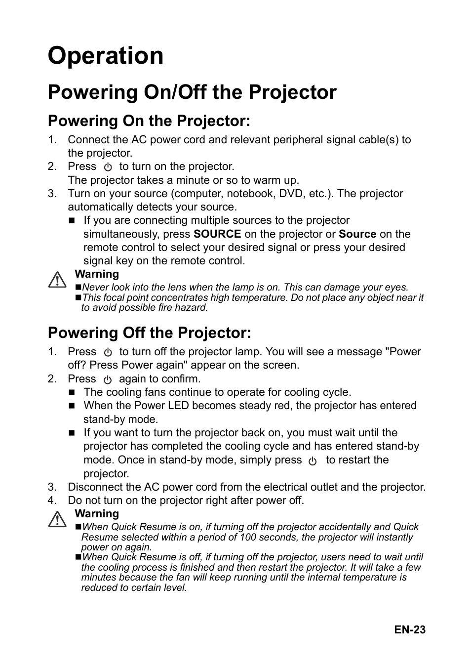 Operation, Powering on/off the projector, Powering on the projector | Powering off the projector | Optoma S313 User Manual | Page 23 / 67
