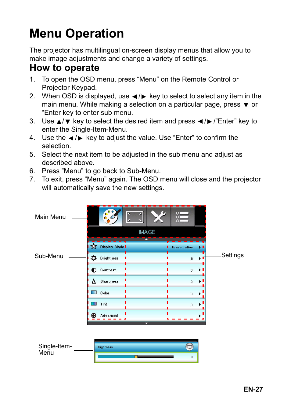 Menu operation, How to operate | Optoma S313 User Manual | Page 27 / 67