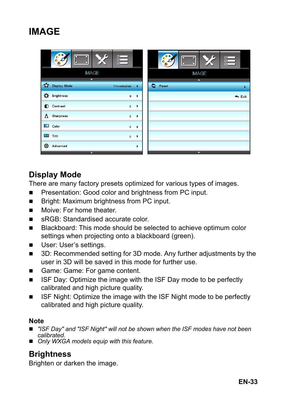 Image, Display mode, Brightness | Optoma S313 User Manual | Page 33 / 67