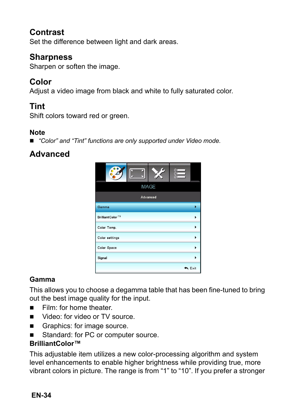 Contrast, Sharpness, Color | Tint, Advanced | Optoma S313 User Manual | Page 34 / 67
