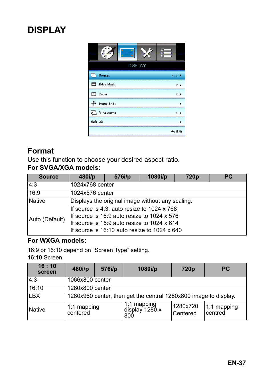 Display, Format | Optoma S313 User Manual | Page 37 / 67