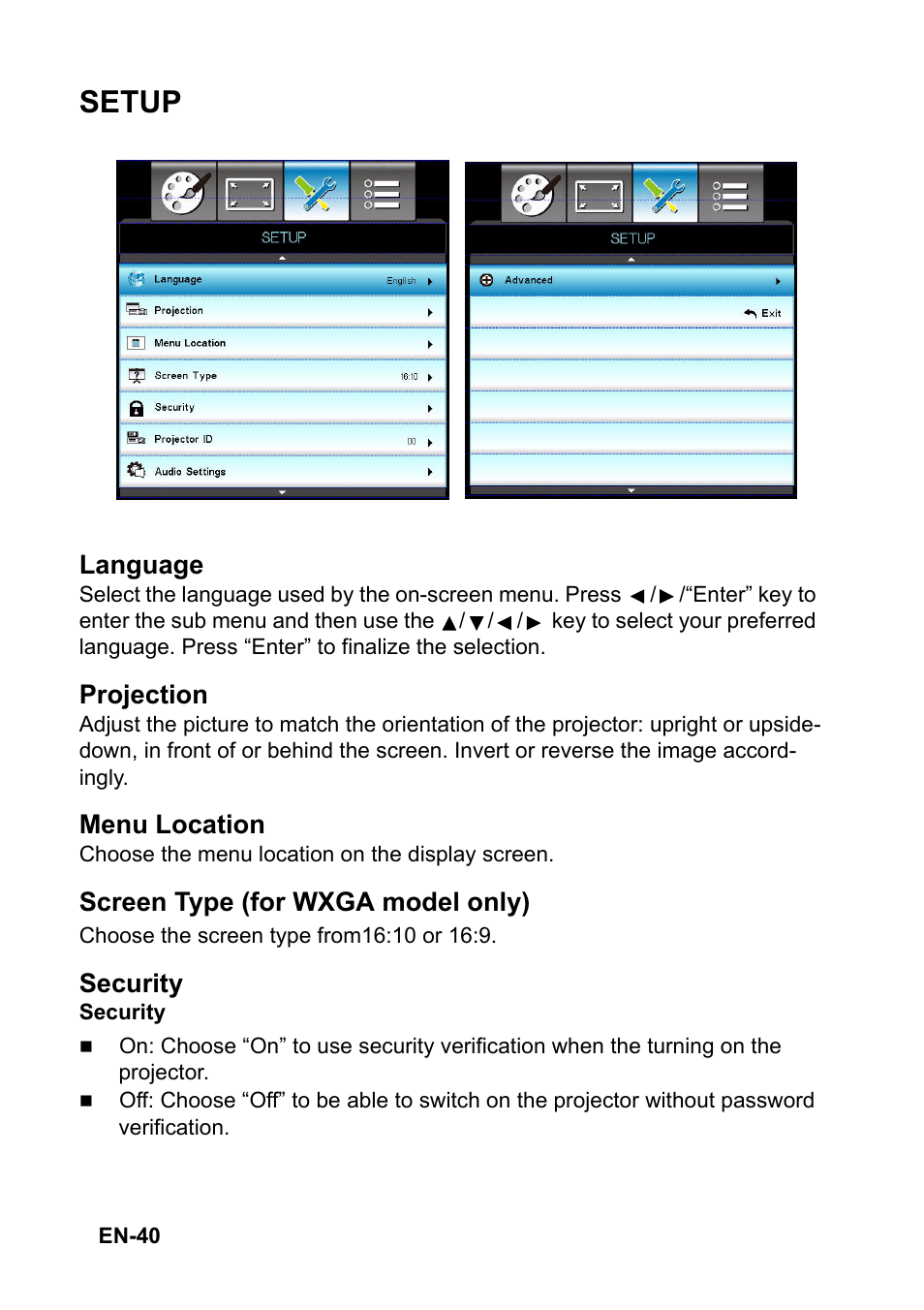 Setup | Optoma S313 User Manual | Page 40 / 67