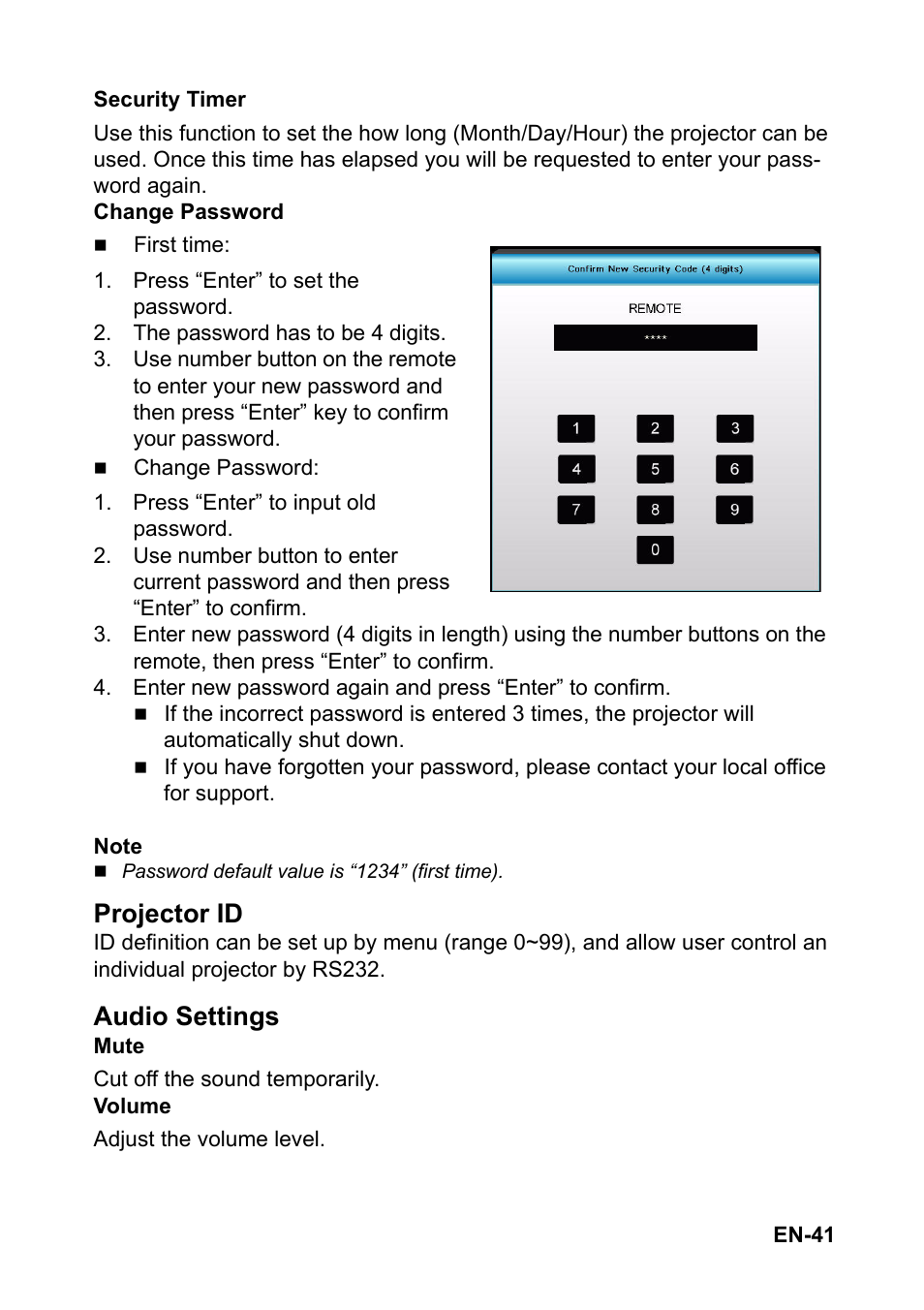 Projector id, Audio settings | Optoma S313 User Manual | Page 41 / 67