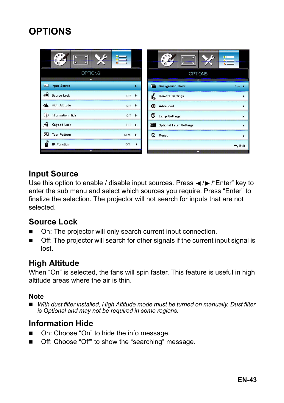 Options, Input source, Source lock | High altitude, Information hide | Optoma S313 User Manual | Page 43 / 67