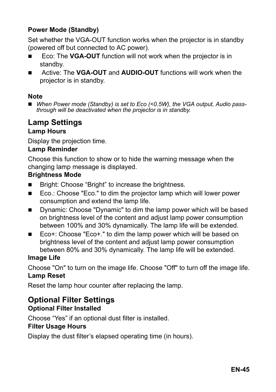 Lamp settings, Optional filter settings | Optoma S313 User Manual | Page 45 / 67