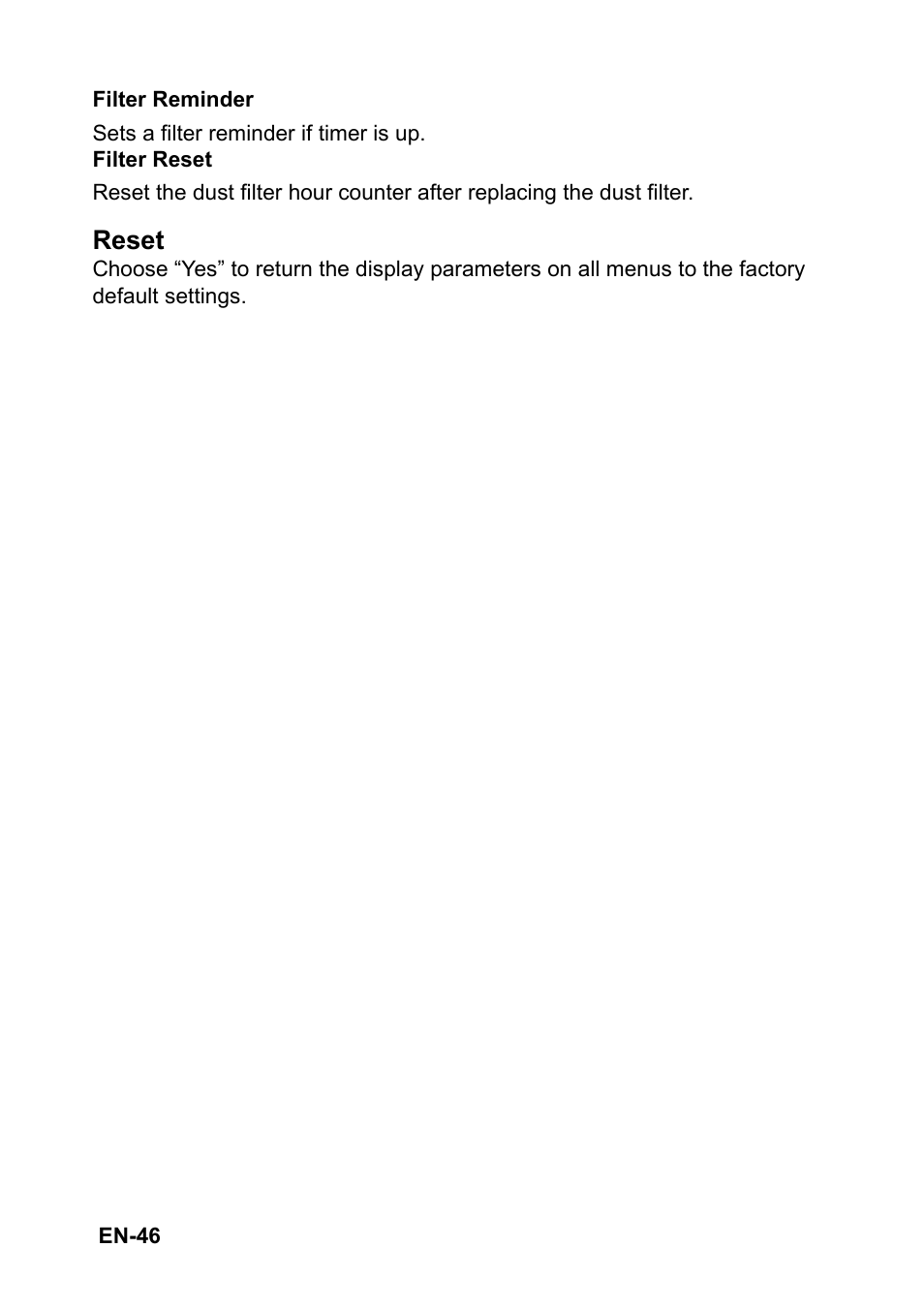 Reset | Optoma S313 User Manual | Page 46 / 67