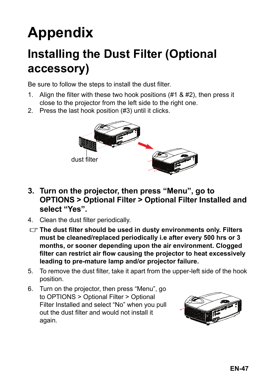 Appendix, Installing the dust filter (optional accessory) | Optoma S313 User Manual | Page 47 / 67